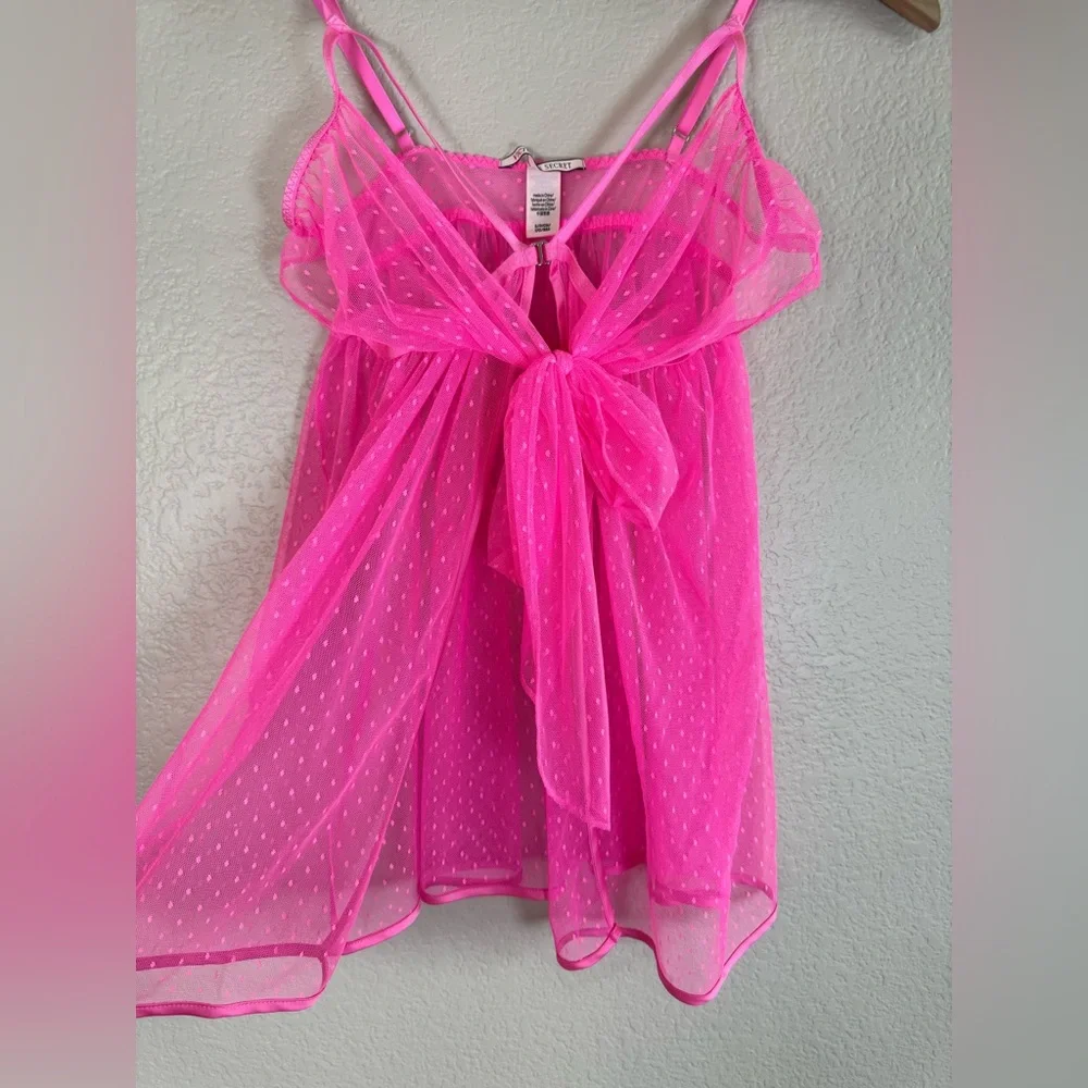Victoria’s Secret Hot Pink Swiss Dot Sheer Mesh Babydoll Bow Tie Front $80 Small
